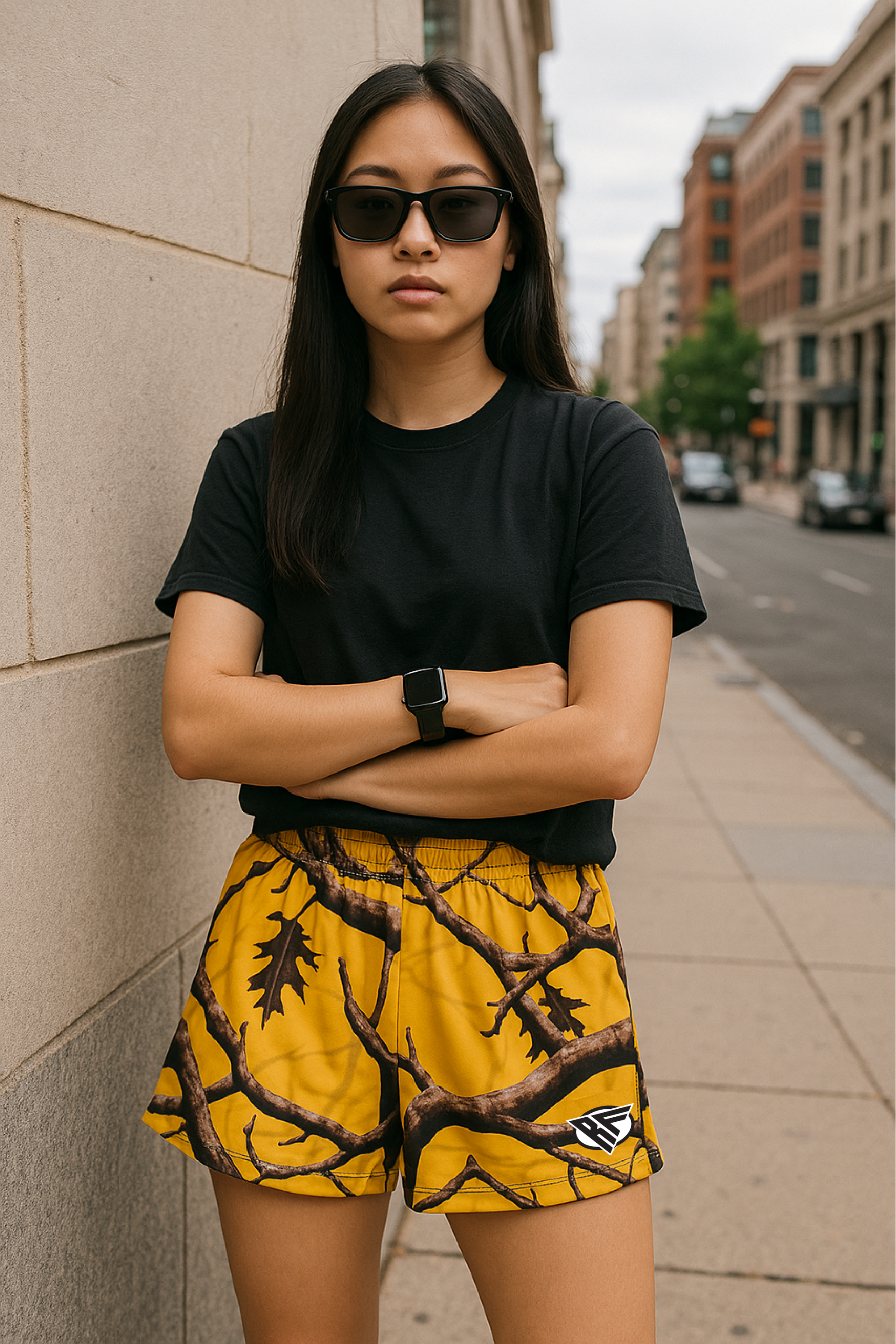 RF Wear Women's Tree Camo Shorts - Yellow - Front