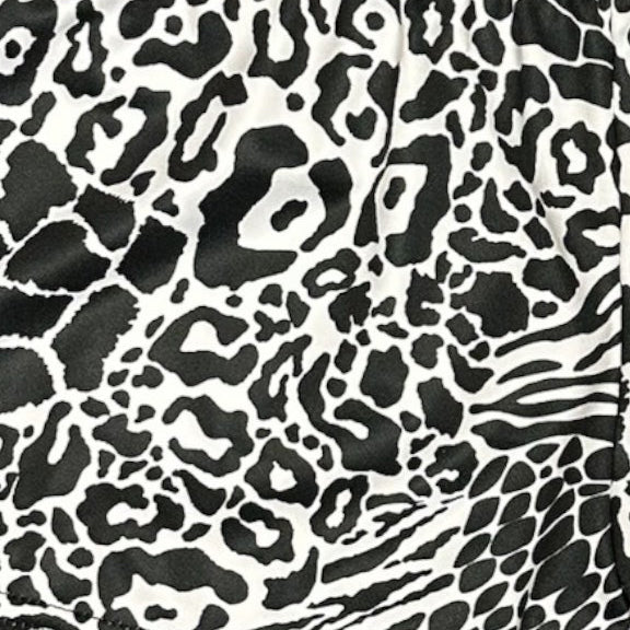 Close-up of RF-Wear Women's Animal Print Shorts - Mash-up in Black/White