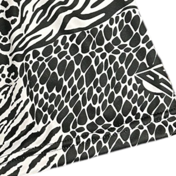 Close-up of RF-Wear Women's Animal Print Shorts - Mash-up in Black/White with RF logo