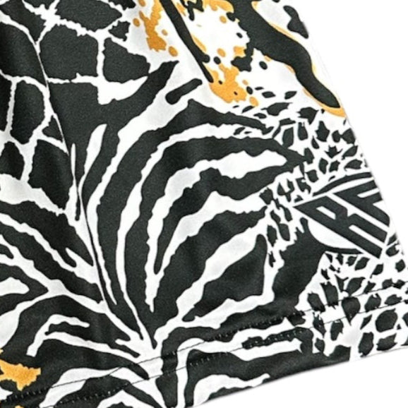 Close=up of RF-Wear Women's Animal Print Shorts - Mash-up - Natural with RF logo