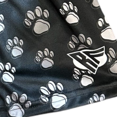 Close-up of RF-Wear Women's Animal Print Shorts - Paw Prints in Black/Grey with RF logo