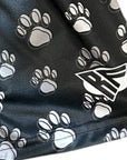 Close-up of RF-Wear Women's Animal Print Shorts - Paw Prints in Black/Grey with RF logo