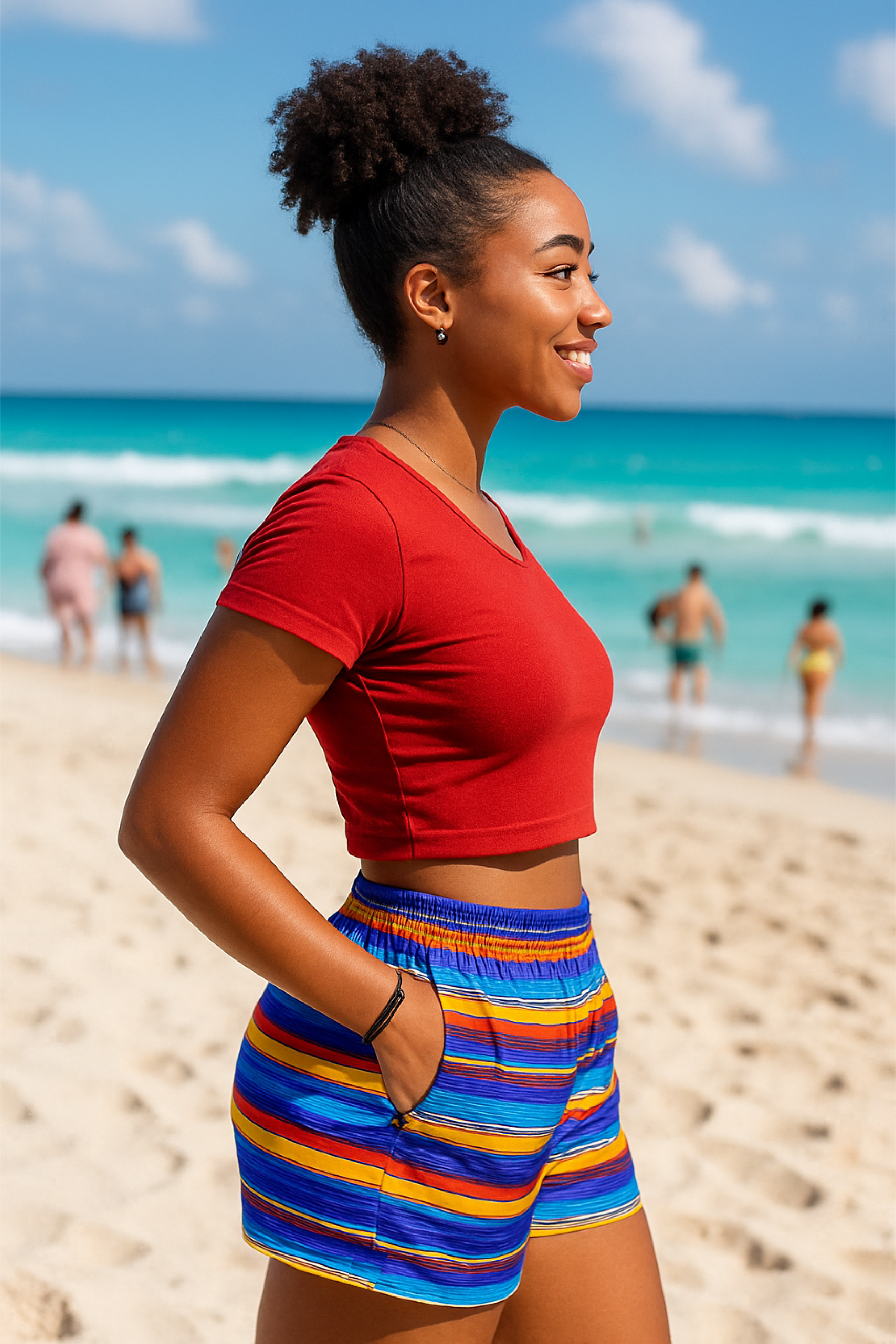 Woman in a red top and colorful striped shorts standing on a beach with ocean and people in the background.