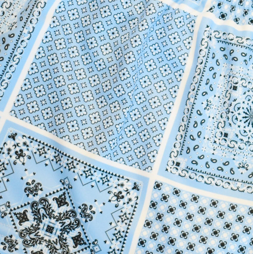 Close-up of RF-Wear Women's Bandana Patchwork Shorts in Blue