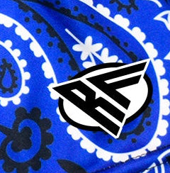 Close-up of RF-Wear Women's Bandana Shorts in Blue/White with RF logo