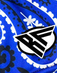Close-up of RF-Wear Women's Bandana Shorts in Blue/White with RF logo