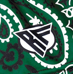 Close-up of RF-Wear Women's Bandana Shorts in Green with RF logo
