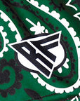 Close-up of RF-Wear Women's Bandana Shorts in Green with RF logo