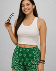 Woman wearing RF-Wear Women's Bandana Shorts in Green