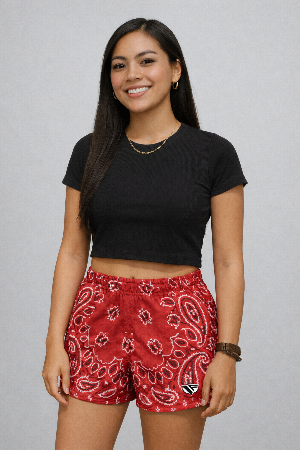 Woman wearing RF-Wear Women's Bandana Shorts in Red