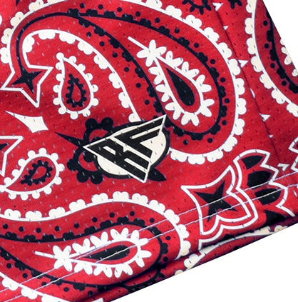 Close-up of RF-Wear Women's Bandana Shorts in Red with RF logo