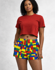 Women wearing a red crop top and RF-Wear Women's Block Pocket Shorts in Multicolors