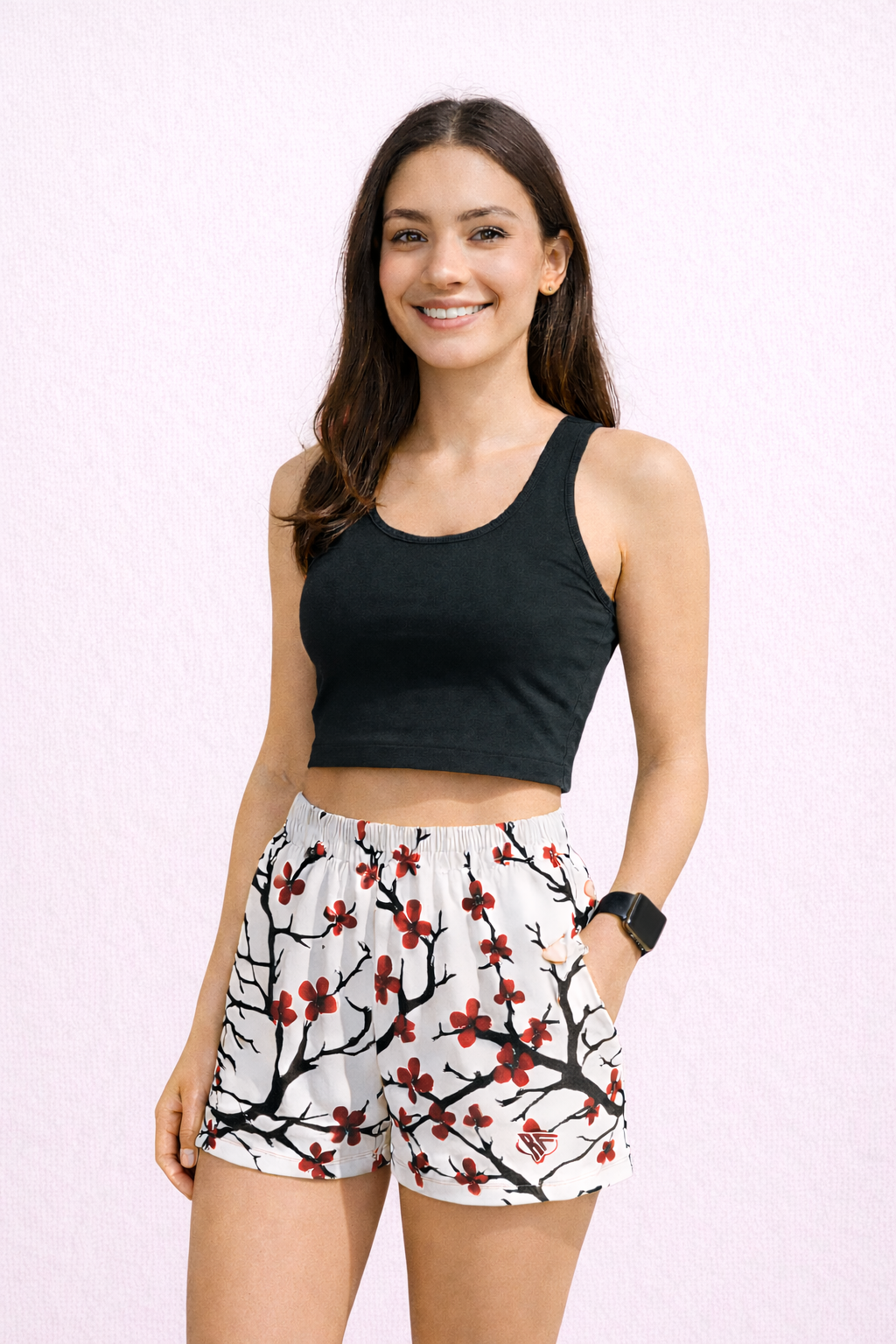 Woman Wearing a black top and RF-Wear Women's Blossom Shorts in White Burgundy