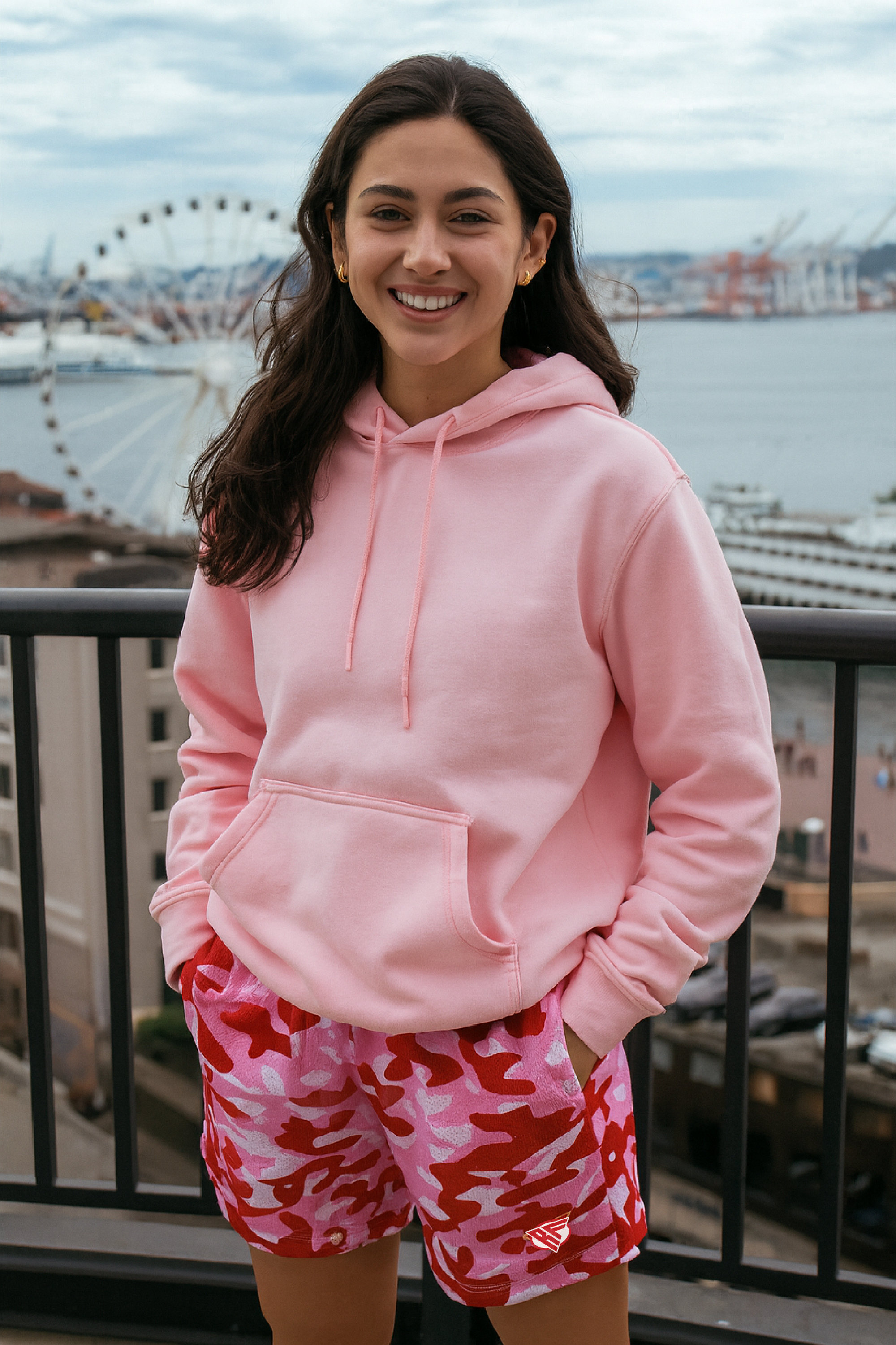 RF Wear Women's Camo Pocket Shorts - Pink/Red - Model Front View