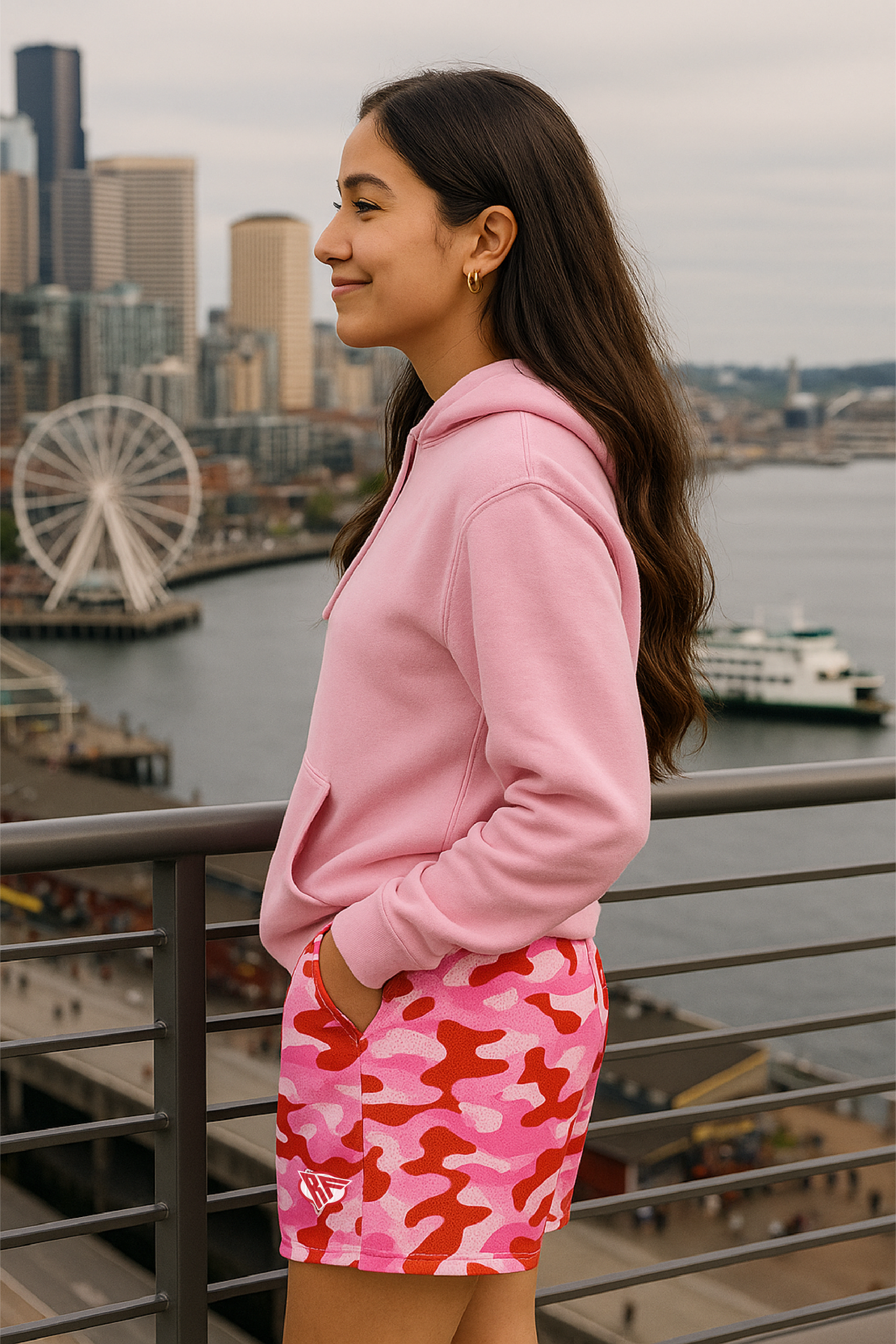 RF Wear Women's Camo Pocket Shorts - Pink/Red - Model Side View