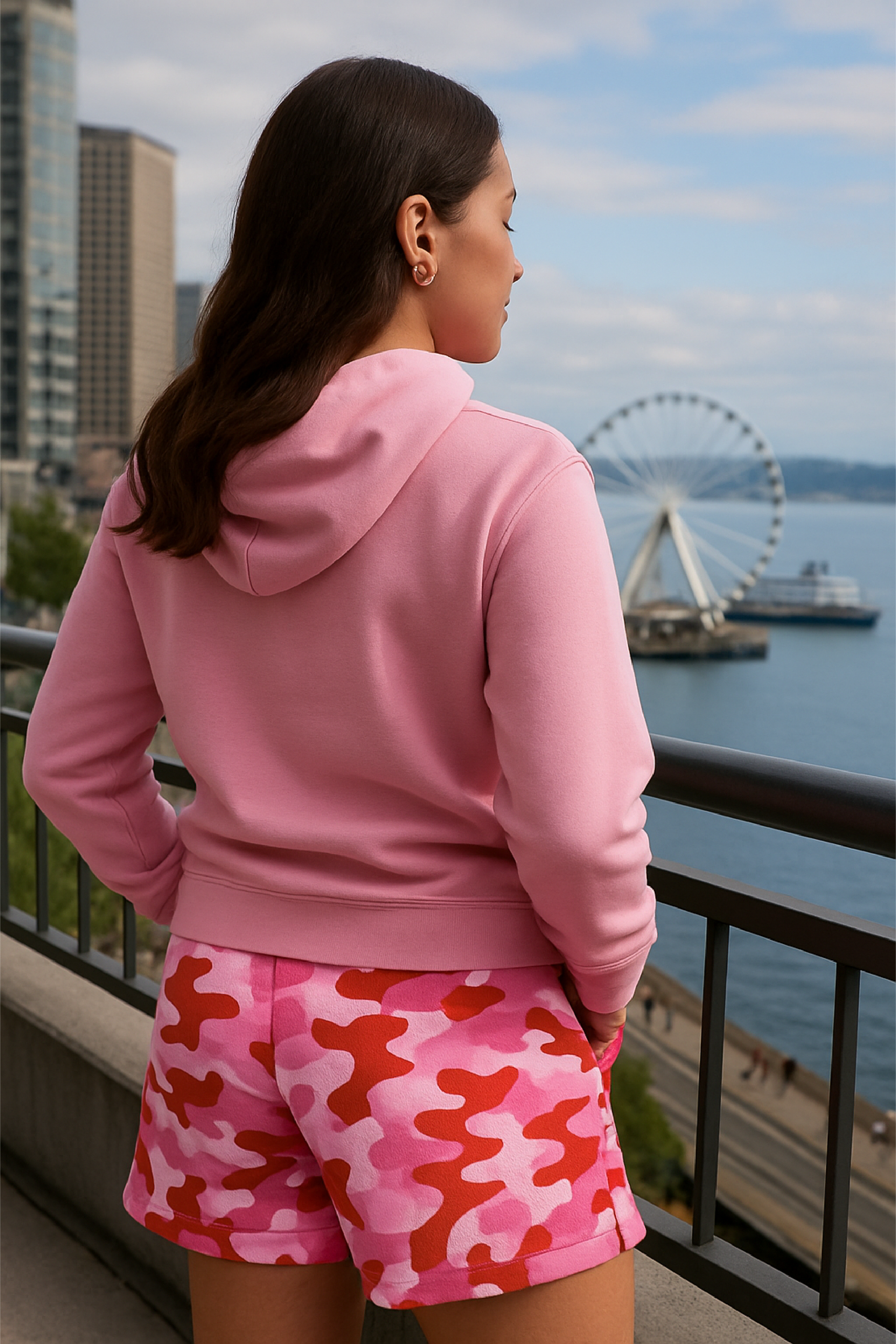 RF Wear Women's Camo Pocket Shorts - Pink/Red - Model Back View