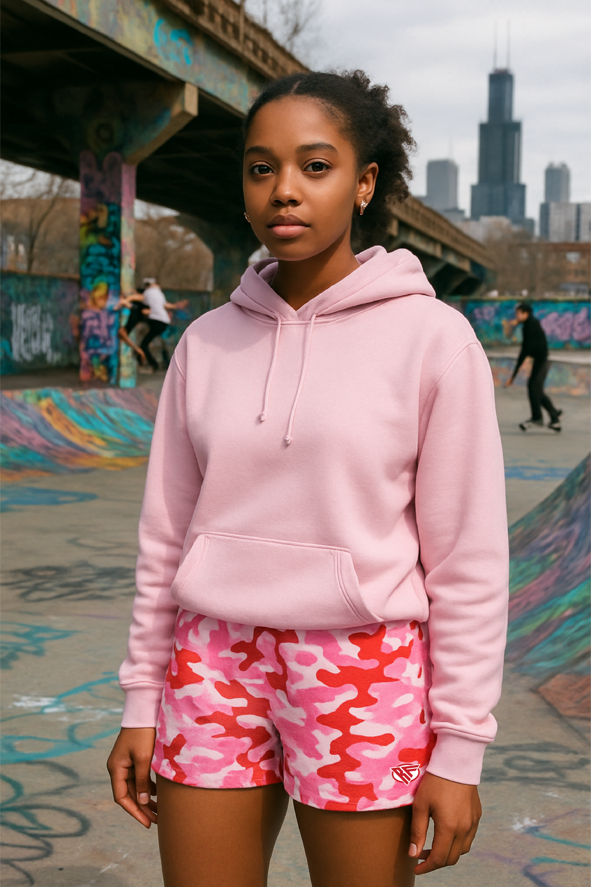 RF Wear Women's Camo Shorts - Pink/Red - Model Front View