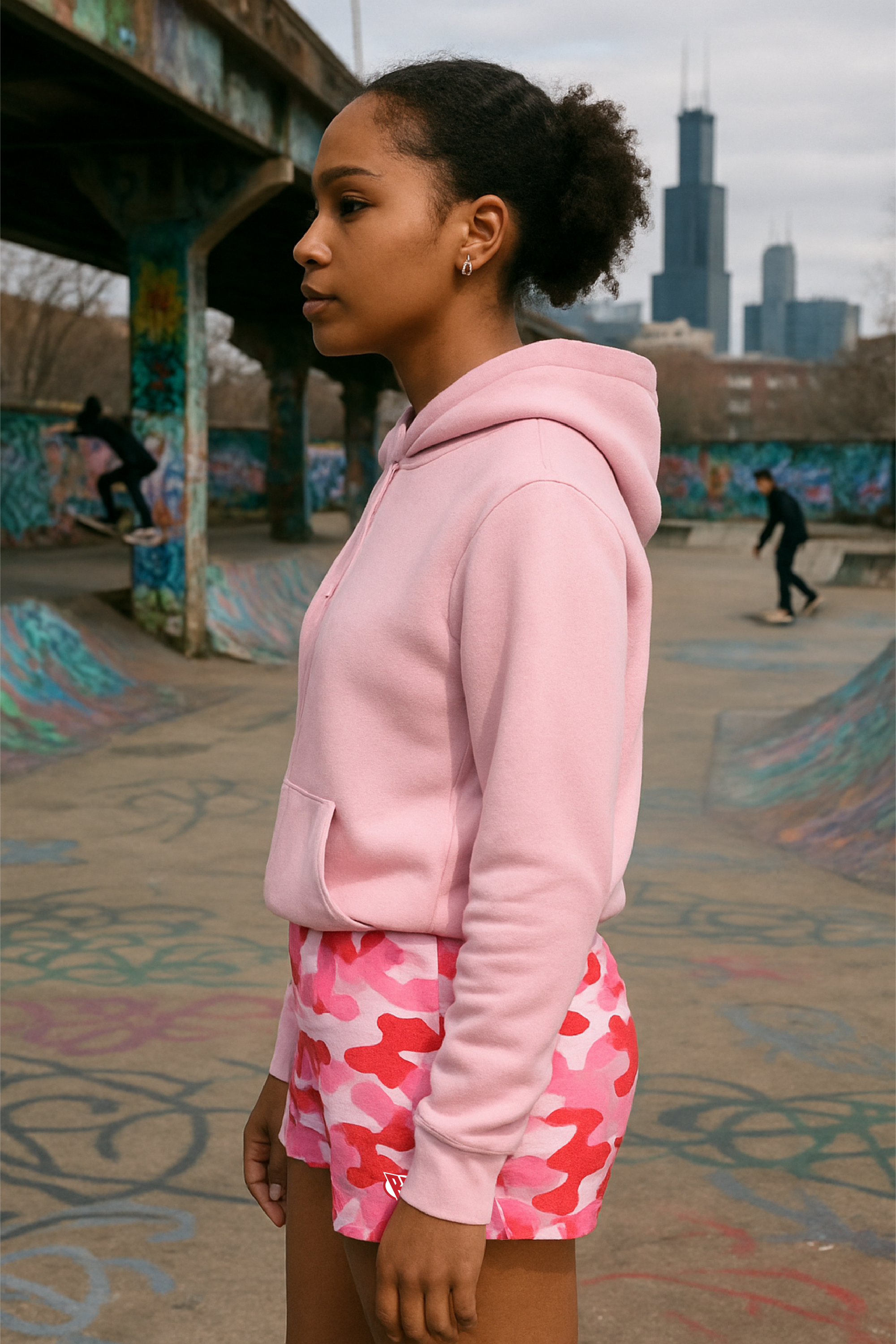 RF Wear Women's Camo Shorts - Pink/Red - Model Side View