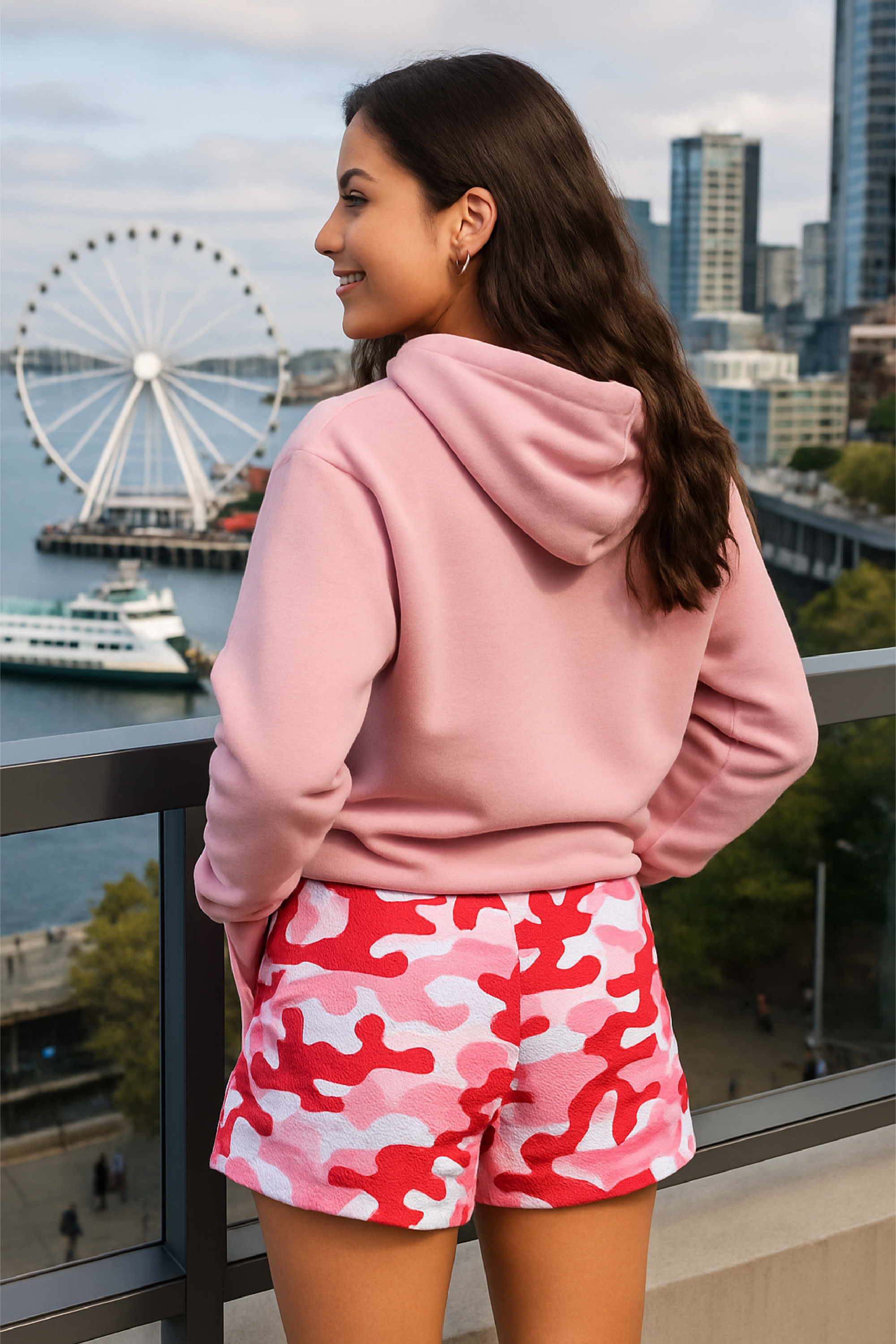 RF Wear Women's Camo Shorts - Pink/Red - Model back view