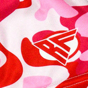 Close-up of RF-Wear Women's Camo Shorts - Pink/Red  with RF logo