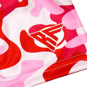 Close-up of RF-Wear Women's Camo Shorts - Pink/Red with RF logo