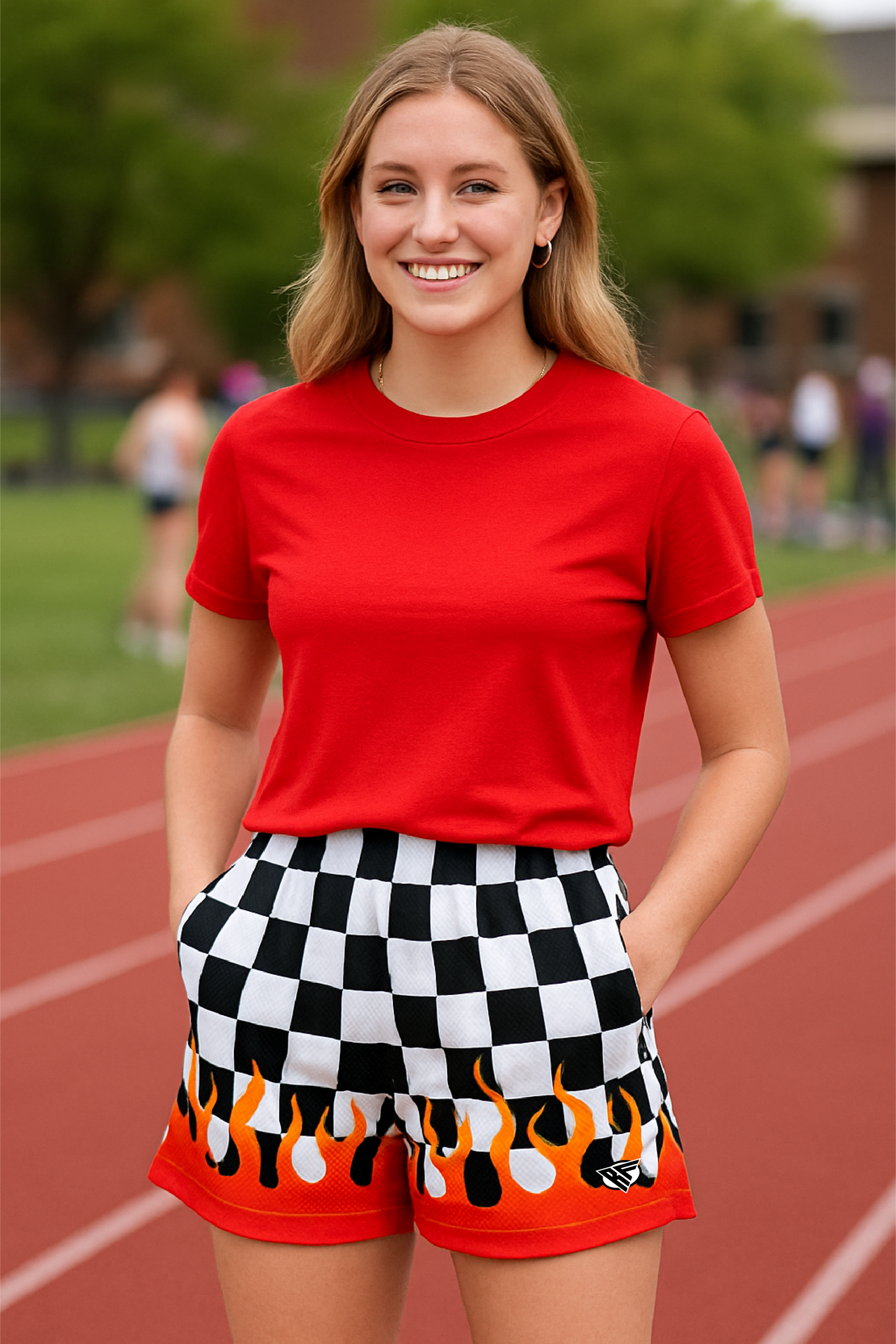 RF Wear Women's Checkered Flame Pocket Shorts - Black/White with Red Flames - Model Front View