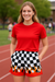 RF Wear Women's Checkered Flame Pocket Shorts - Black/White with Red Flames - Model Front View