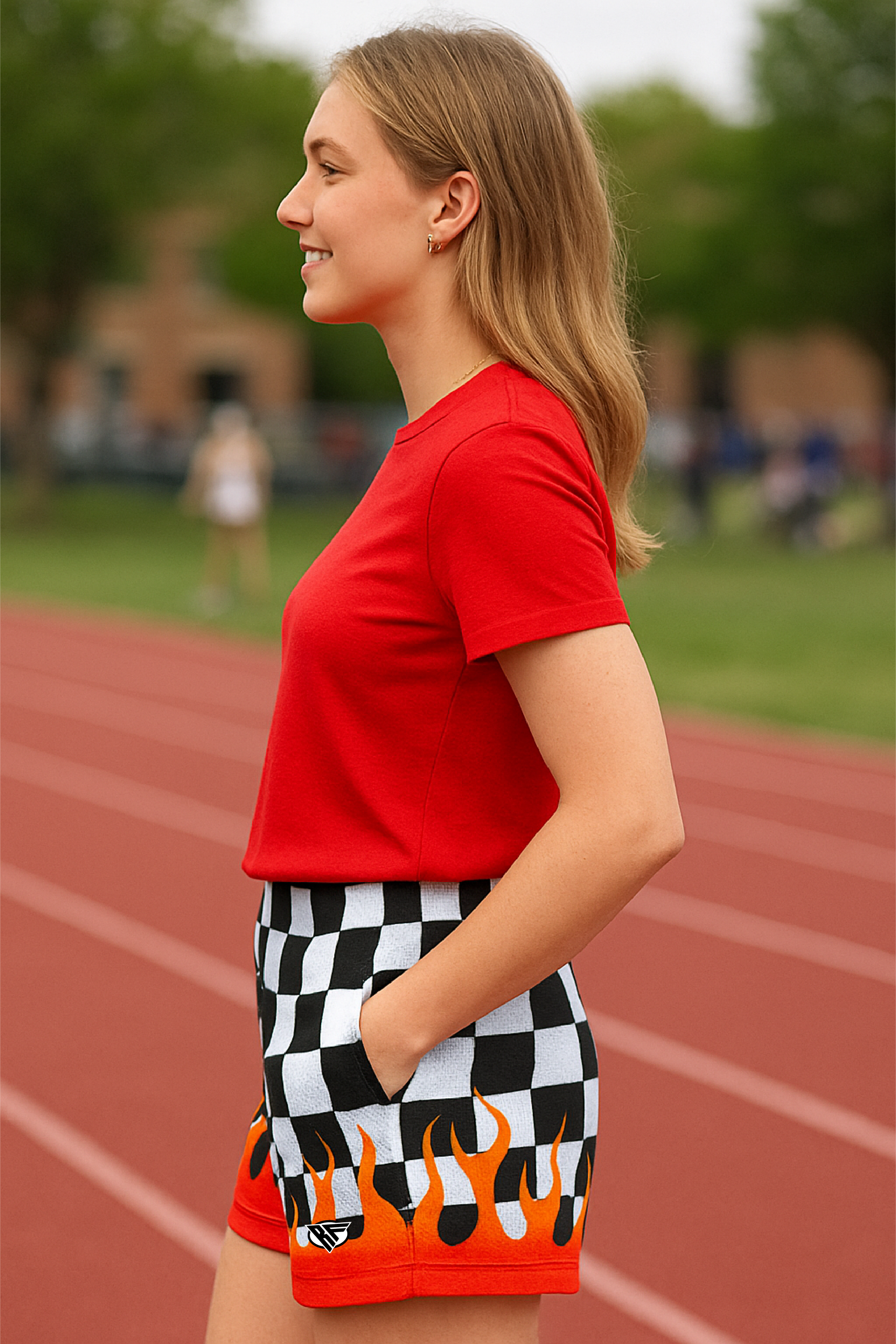 RF Wear Women's Checkered Flame Pocket Shorts - Black/White with Red Flames - Model Side View