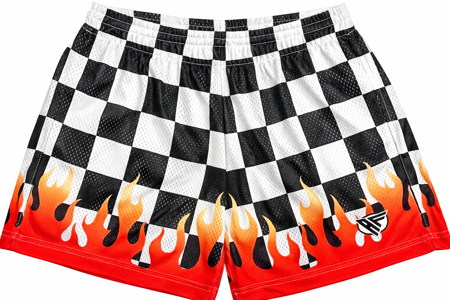RF-Wear Women's Mesh Checkered Flame Shorts in Black/White/Red