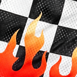 Close-up of RF-Wear Women's Mesh Checkered Flame Shorts in Black/White/Red