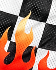 Close-up of RF-Wear Women's Mesh Checkered Flame Shorts in Black/White/Red