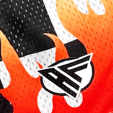 Close-up of RF-Wear Women's Mesh Checkered Flame Shorts in Black/White/Red with RF logo