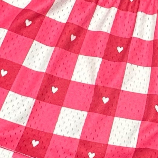 Close-up of RF-Wear Women's Checkered Heart Shorts in White & Pinks