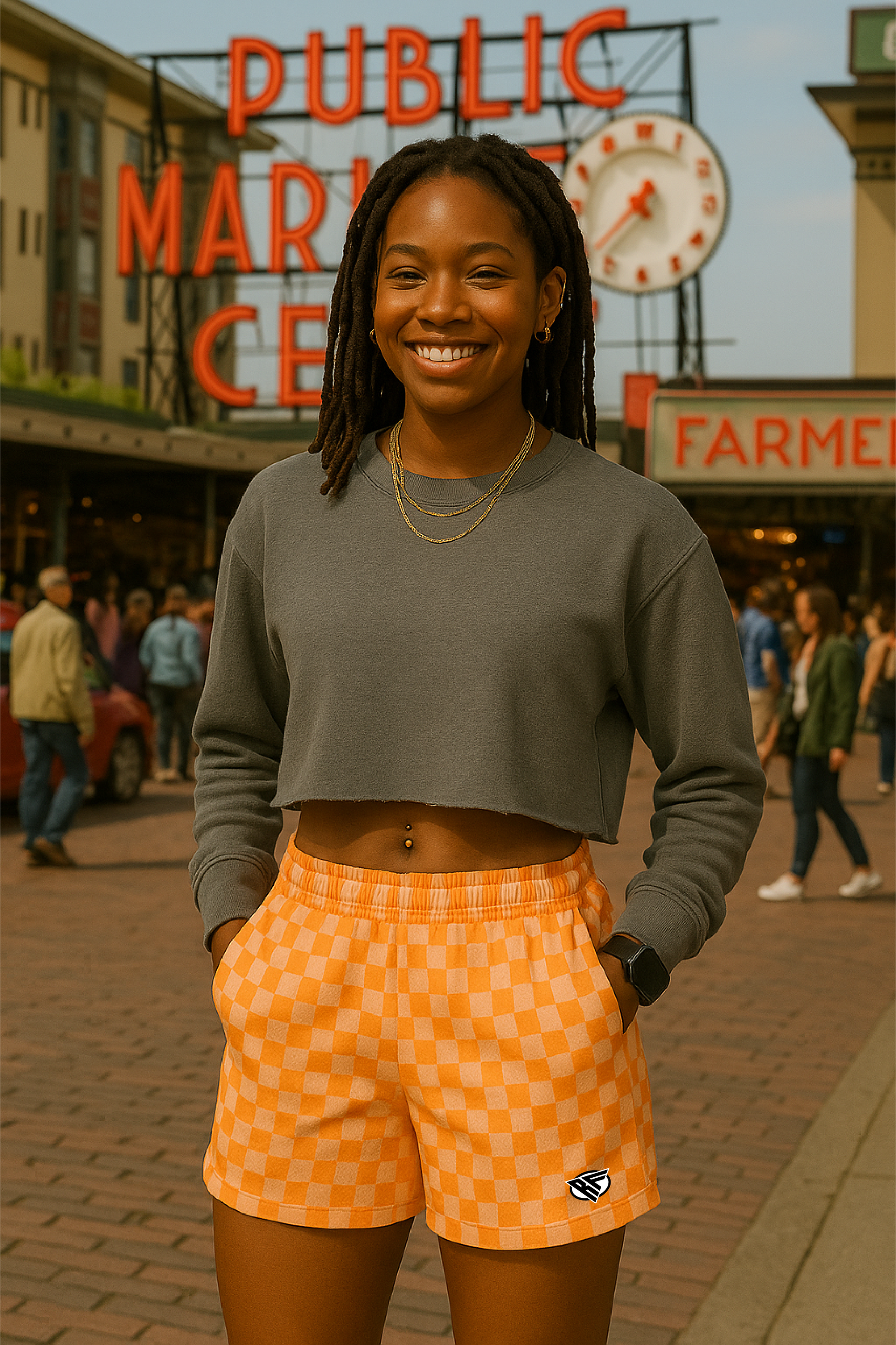 RF Wear Women's Checkered Pocket Shorts - Peach - Model Front View