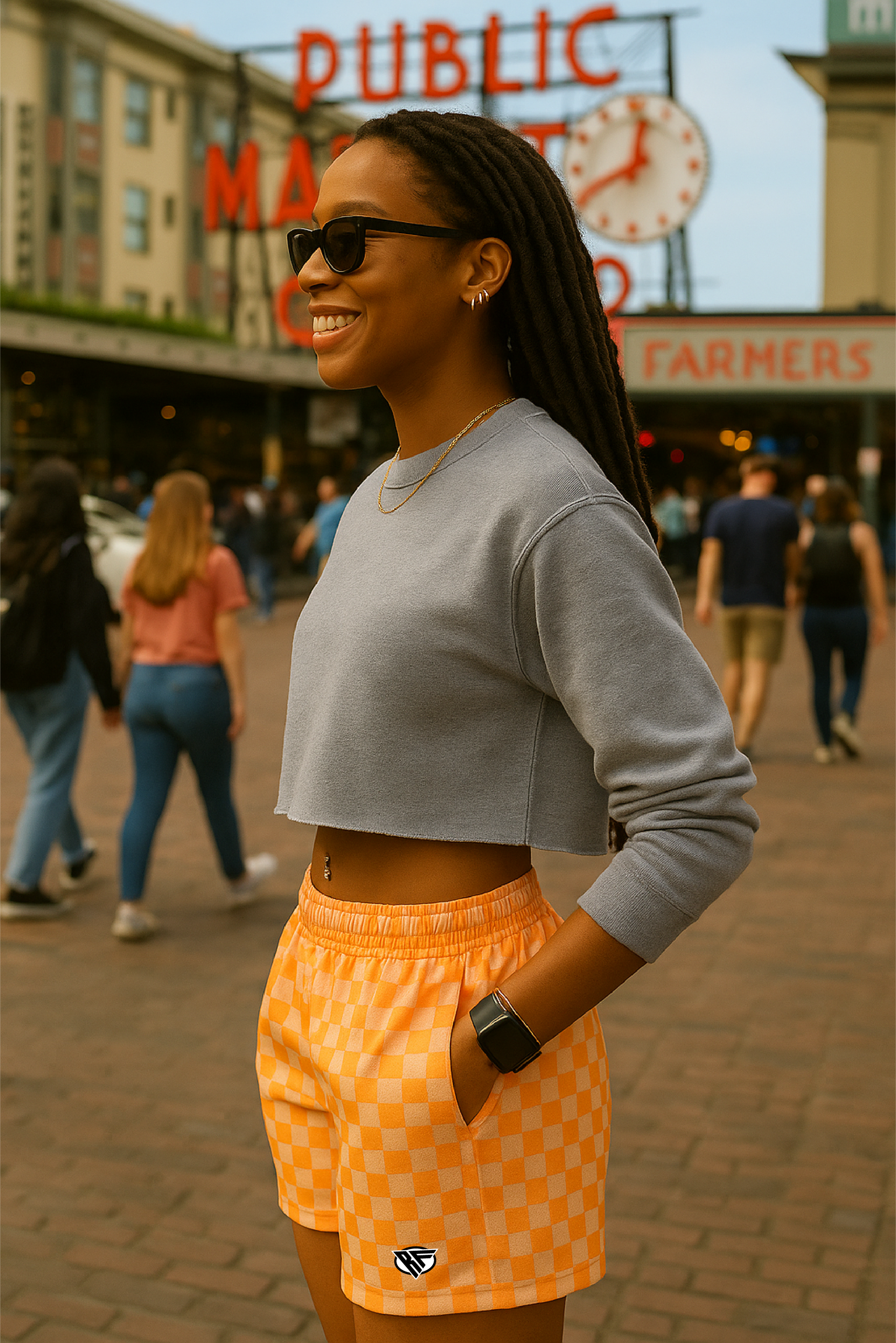 RF Wear Women's Checkered Pocket Shorts - Peach - Model Side View