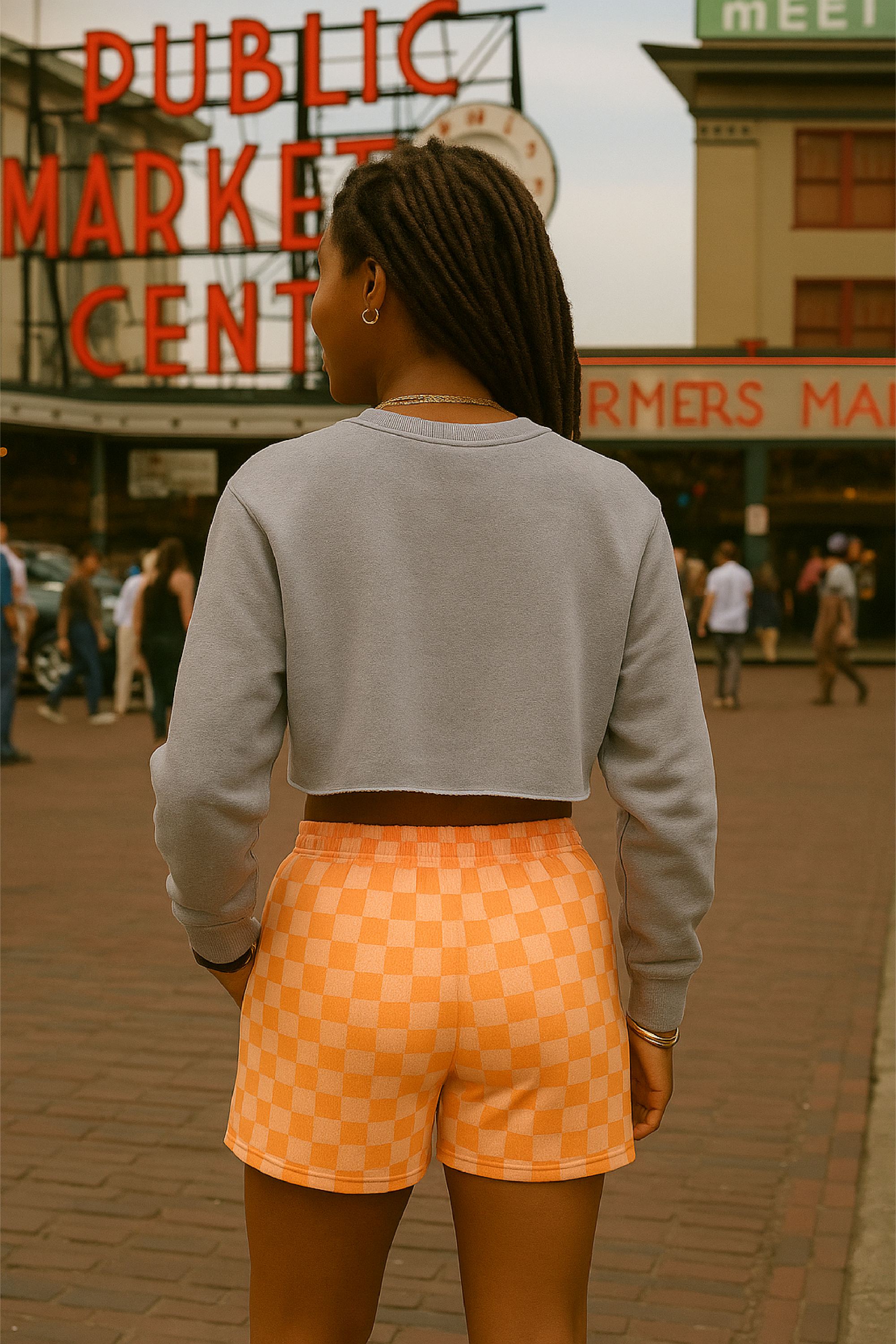 RF Wear Women's Checkered Pocket Shorts - Peach - Model Back View