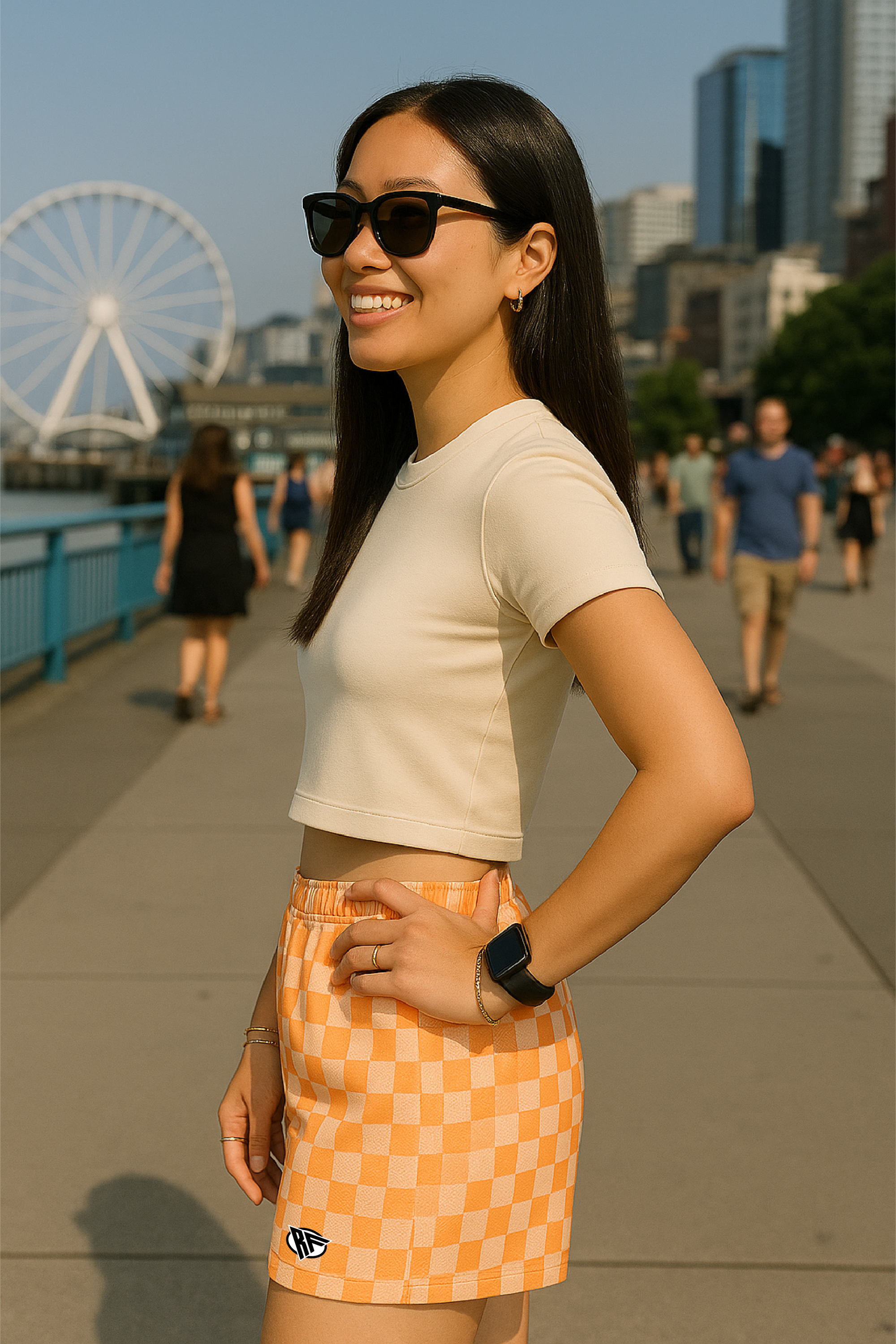 RF Wear Women's Checkered Shots - Peach - Model Side View