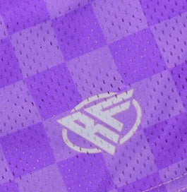 Close-up of RF-Wear Women's Checkered Shorts in Purple with RF logo