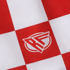 Close-up of RF-Wear Women's Checkered Short in Red with RF logo