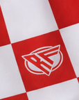Close-up of RF-Wear Women's Checkered Short in Red with RF logo