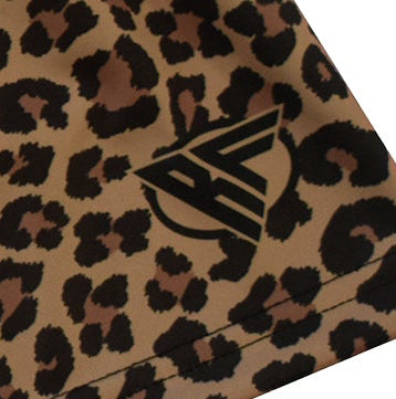 Close-up of RF-Wear Women's Cheetah Shorts in Brown with RF logo