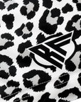 Close-up of RF-Wear Women's Cheetah Shorts in White with RF logo