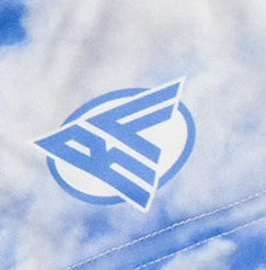 Close-up of RF-Wear Women's Cloud Shorts in Blue with RF logo