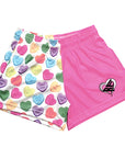 RF Wear Women's Heart Split Pocket Shorts Pink/Convo-Hearts - Close Up