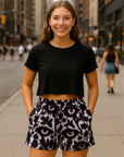RF Wear Women's Creepy Garden Pocket Shorts - Black/Lilac - Model Front View