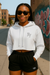 RF Wear Women's Cropped Fleece Lightweight Hoodie - RF Initials - White - Model Front View