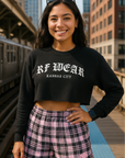 RF Wear Women's Cropped Fleece Lightweight Old English Crewneck - Black - Model Front View