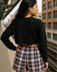 RF Wear Women's Cropped Fleece Lightweight Old English Crewneck - Black - Model Back View