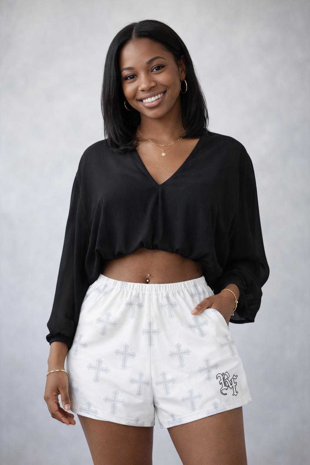 Close-up of RF-Wear Women's Cross 2.0 Shorts in White