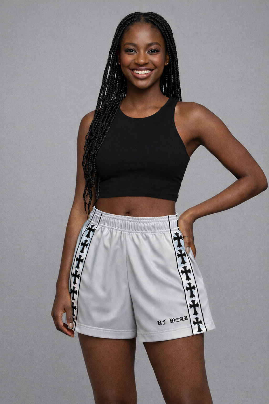 Woman wearing RF-Wear Women's Cross Trim Shorts in Grey